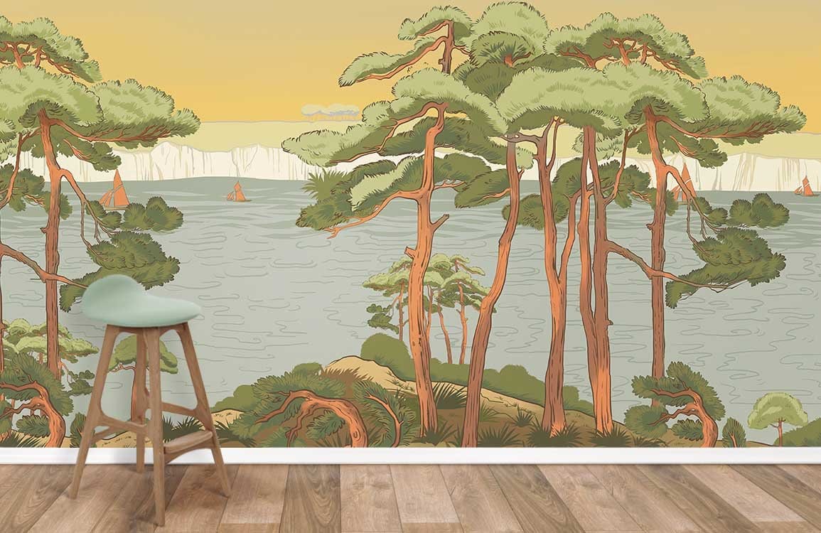 Tabouret en bois avec siège teal pour décoration personnalisée avec papier peint panoramique rivière