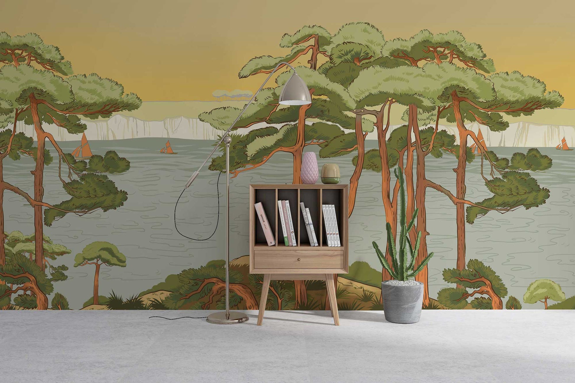 Cabinet en bois avec étagères ouvertes et tiroir, décoration personnalisée avec papier peint panoramique rivière