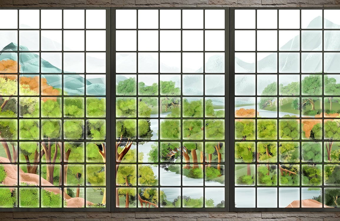 Papier peint panoramique de vallée avec fenêtre trois panneaux, décoration personnalisée nature