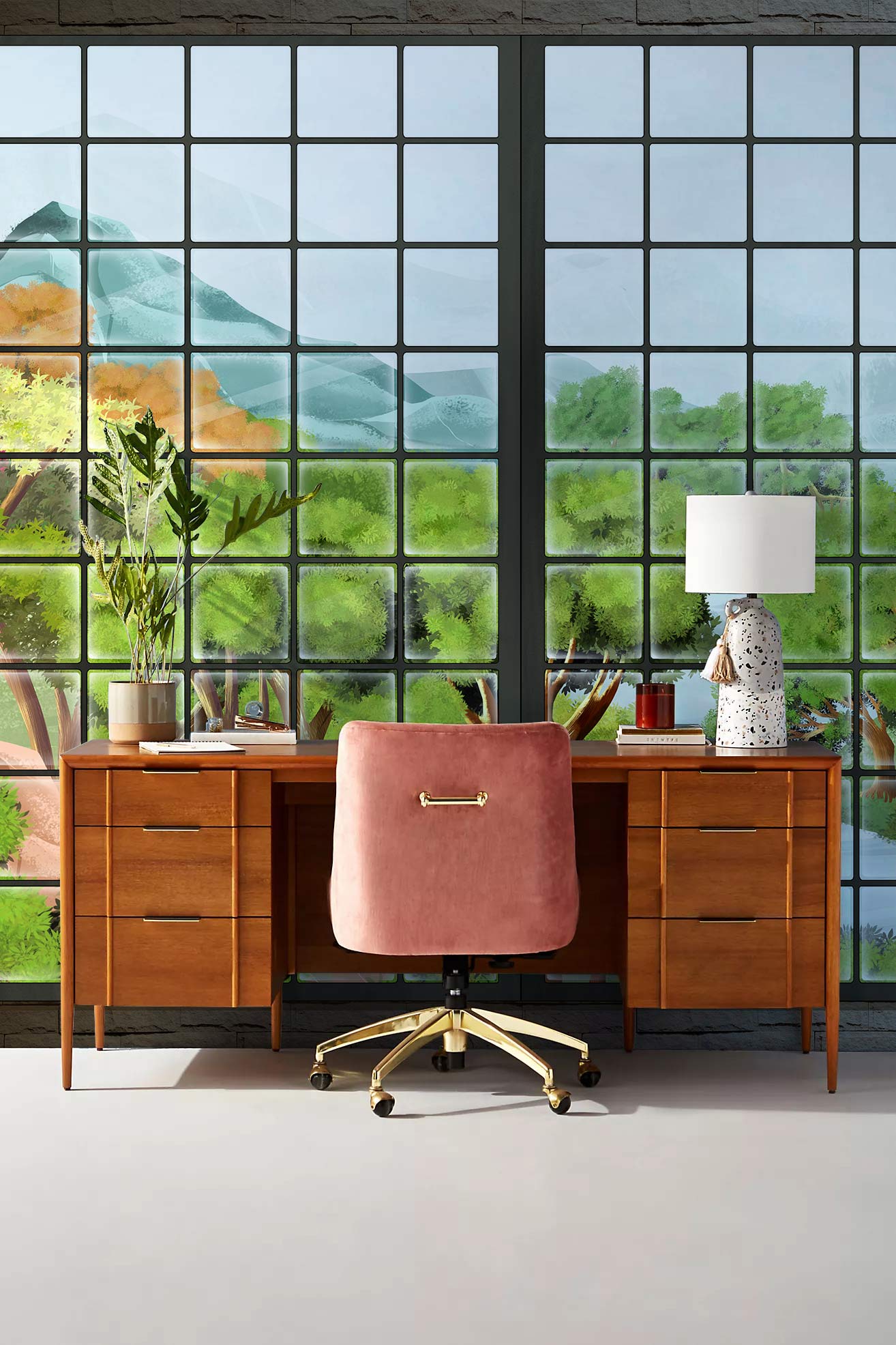 Image d’un bureau en bois avec une chaise en velours rose, décoration personnalisée avec papier peint panoramique