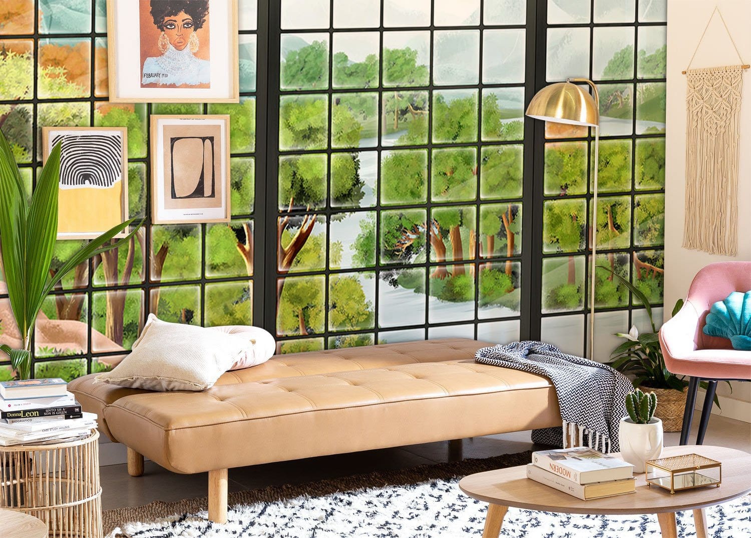 Futon convertible en cuir synthétique beige avec jambes en bois léger, idéale pour décoration personnalisée