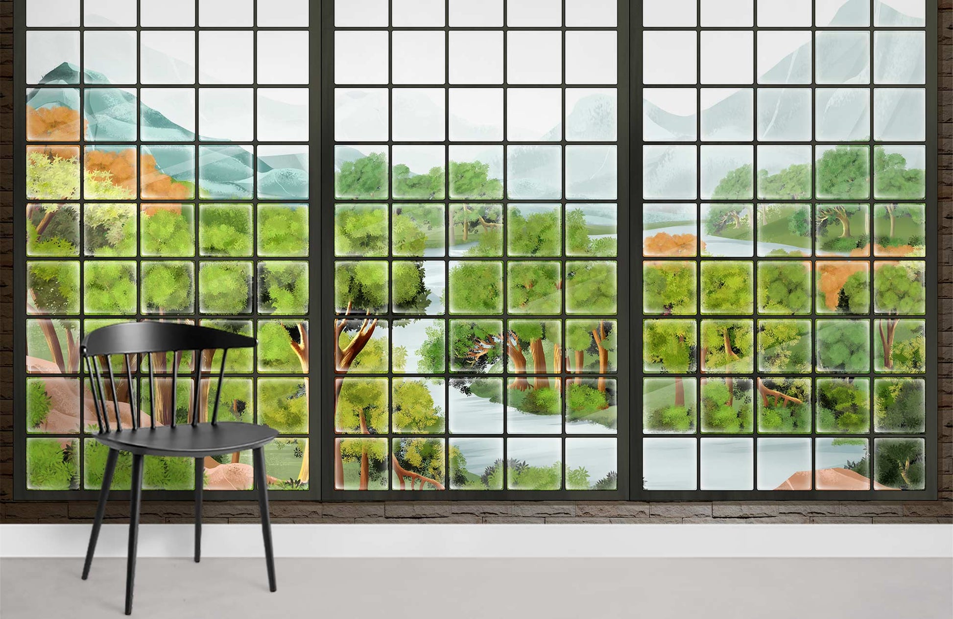 Chaise en bois noir avec papier peint panoramique pour décoration personnalisée élégante