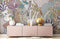 Console cabinet rose trois portes avec papier peint panoramique jungle bleue pour décoration personnalisée