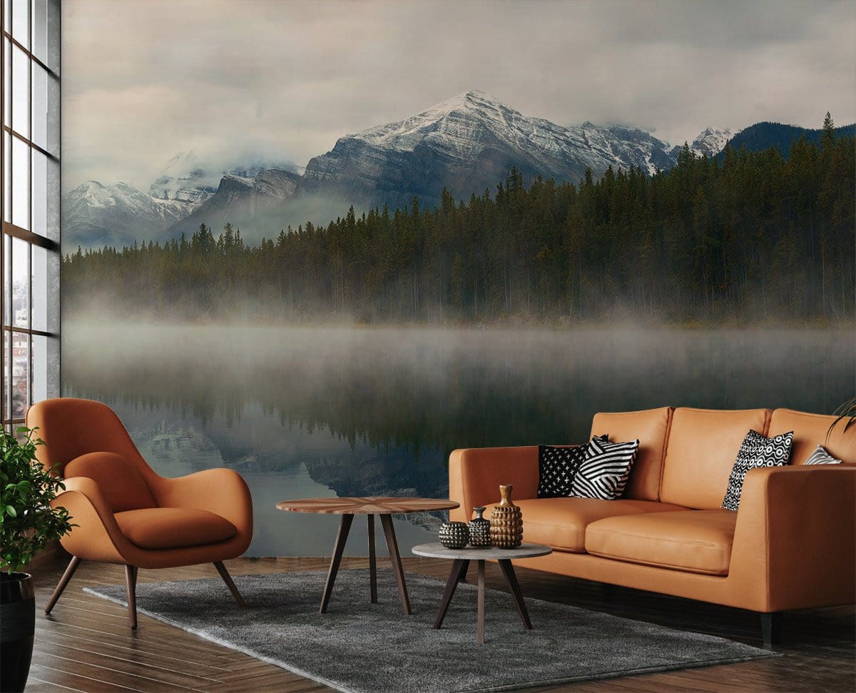 Sofa en cuir beige moderne sur papier peint panoramique Papier Peint du Lac Brumeux pour décoration personnalisée contact mr-papier-peint