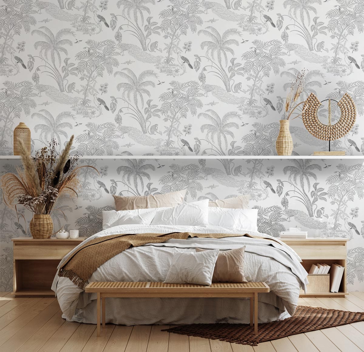 Photo d’une chambre avec papier peint d’une jungle en esquisse pour décoration personnalisée