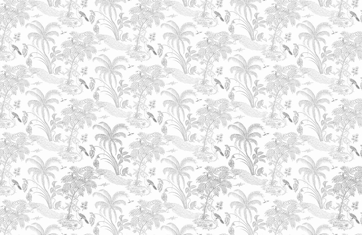 Papier peint panoramique d’une jungle en esquisse avec palmiers, oiseaux et papillons