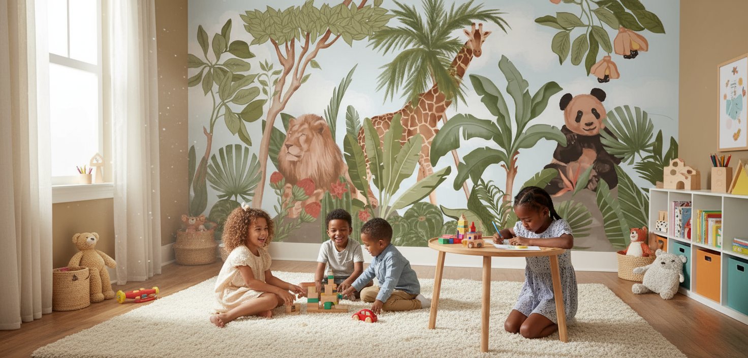 Enfants jouant avec jouets devant un papier peint animaux tropicaux chez Mr Papier