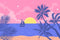 Fresque murale vivante chez Mr Papier avec scène plage, palmiers et coucher de soleil