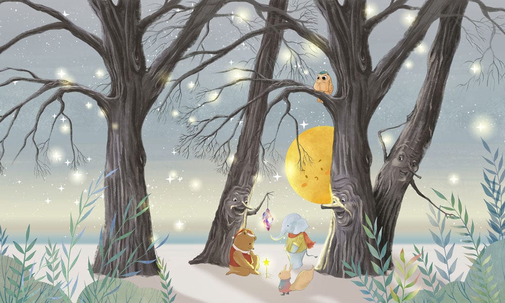 Illustration féerique avec animaux anthropomorphes sous un arbre lumineux pour papier peint forêt féerique nocturne