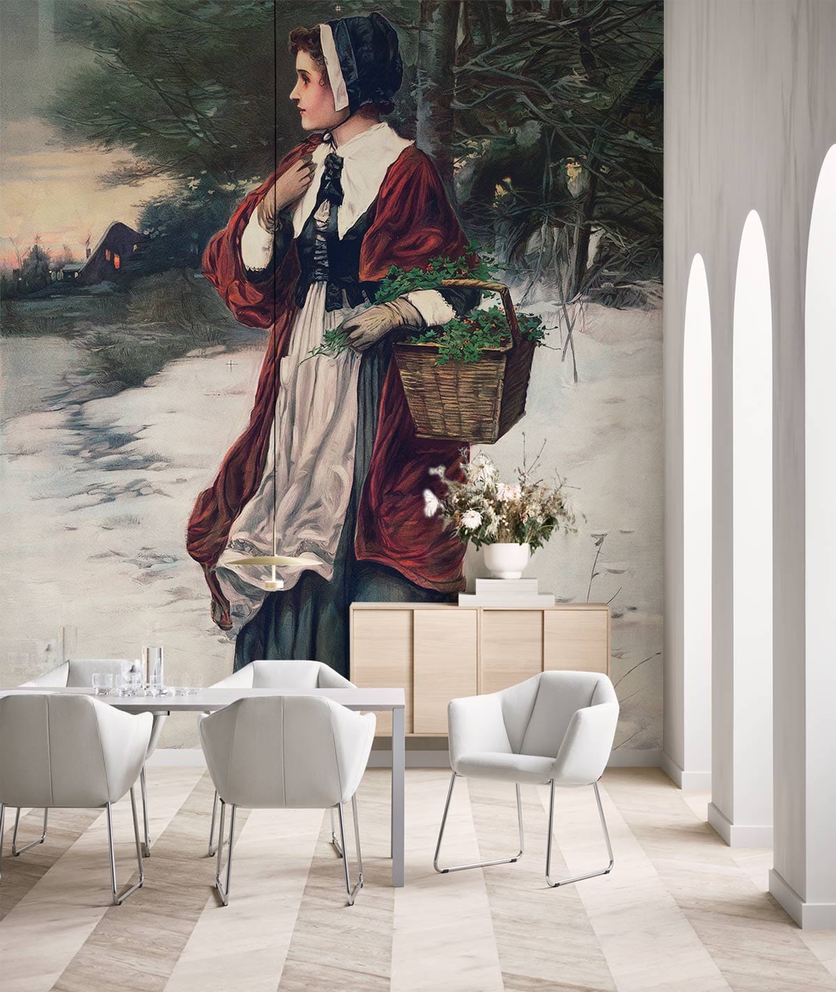 Papier peint fresque de Noël du matin dans une salle à manger avec table et chaises