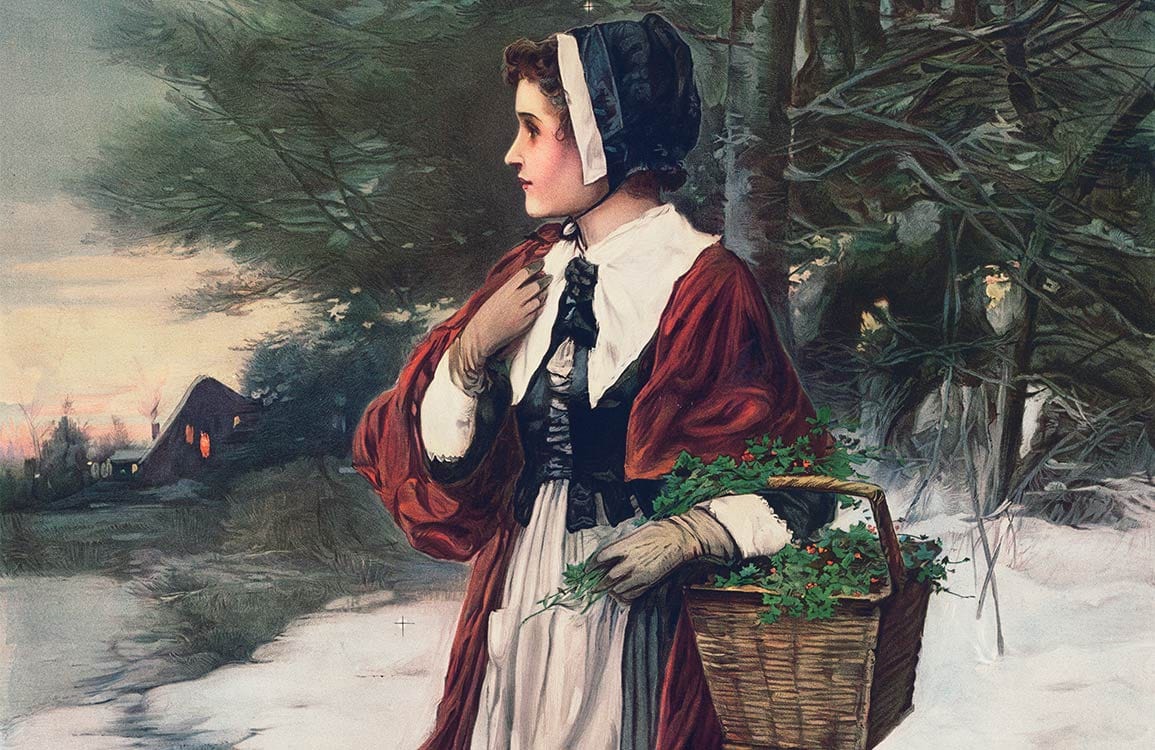Papier peint fresque de Noël du matin avec une femme en vêtements d’hiver traditionnels