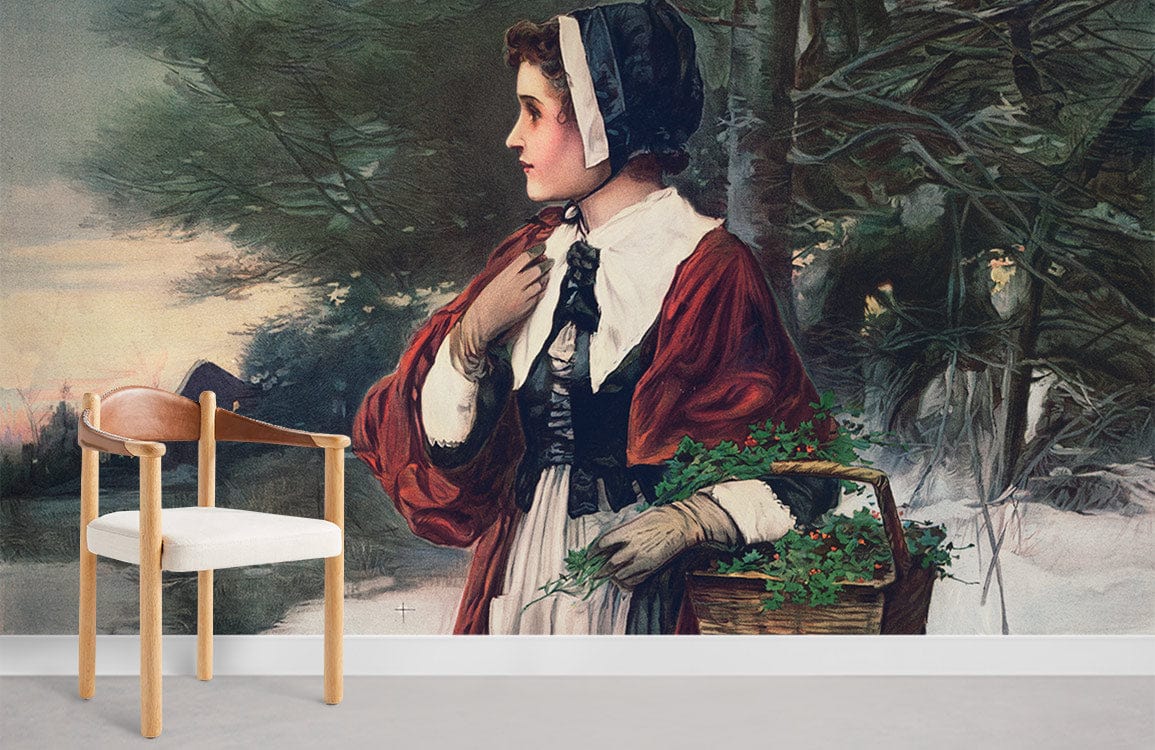 Chaise en bois avec siège rembourré blanc, idéale pour décoration avec papier peint fresque Noël du matin