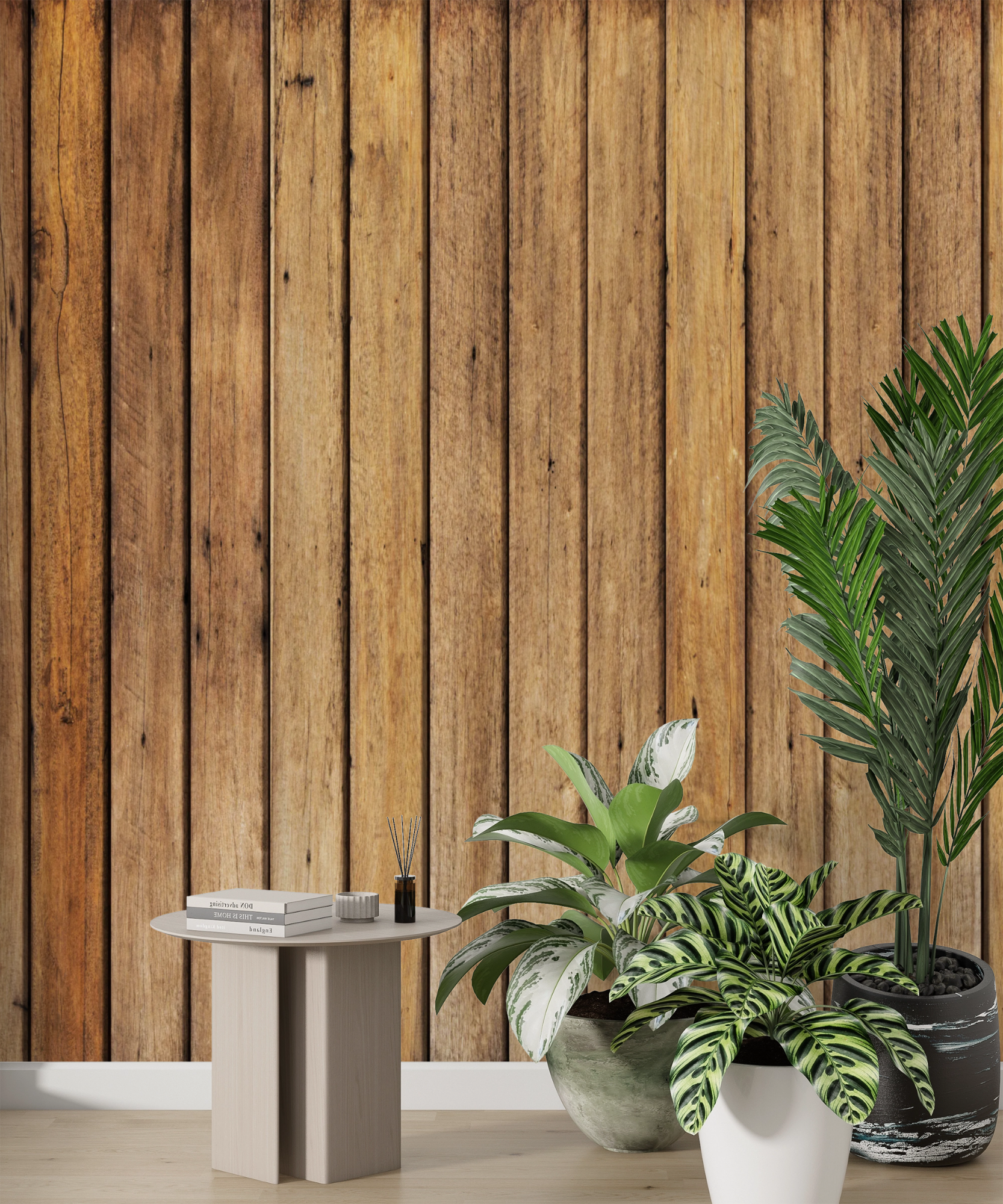 Papier peint mural effet bois naturel avec des planches verticales en bois