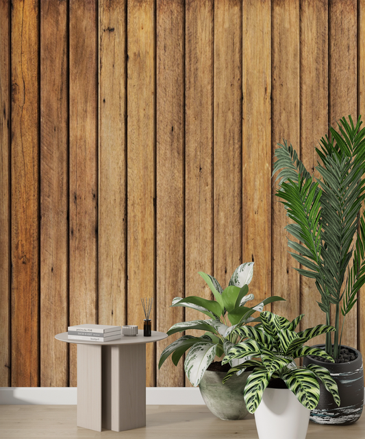 Papier peint mural effet bois naturel avec des planches verticales en bois