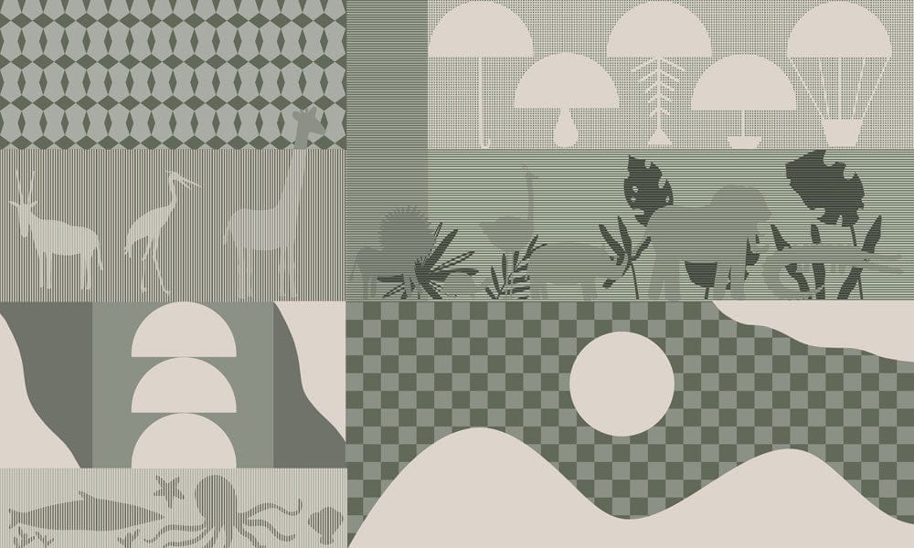 Papier peint moderne géométrique Bauhaus avec motifs animaux et designs abstraits en verts et beiges