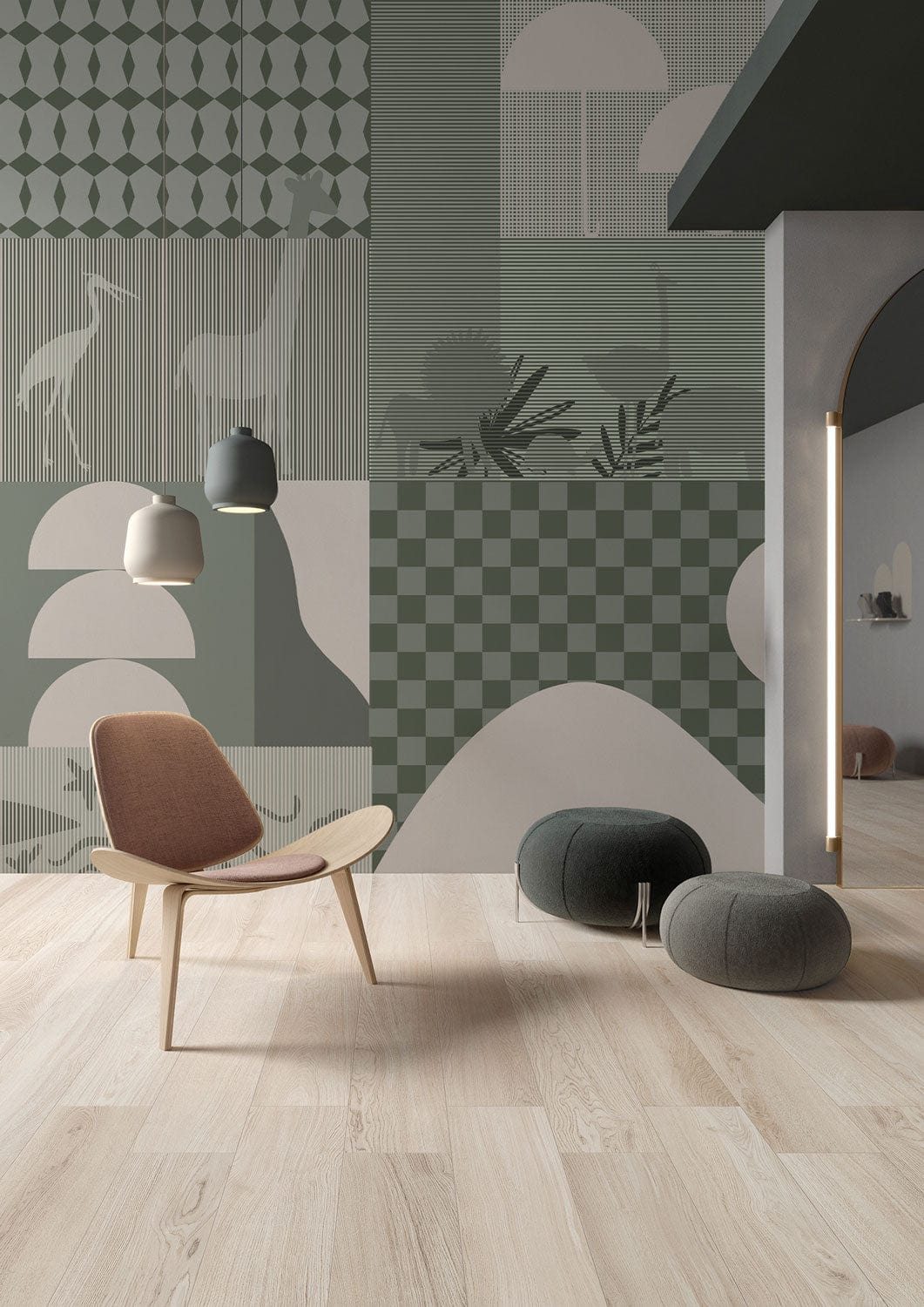 Chaise lounge moderne avec cadre en bois clair et siège rembourré, idéal pour papier peint moderne géométrique Bauhaus