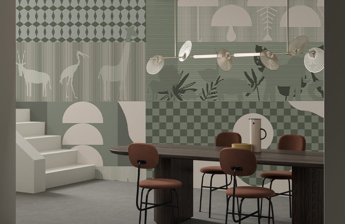 Papier peint moderne géométrique Bauhaus dans une salle à manger minimaliste et design