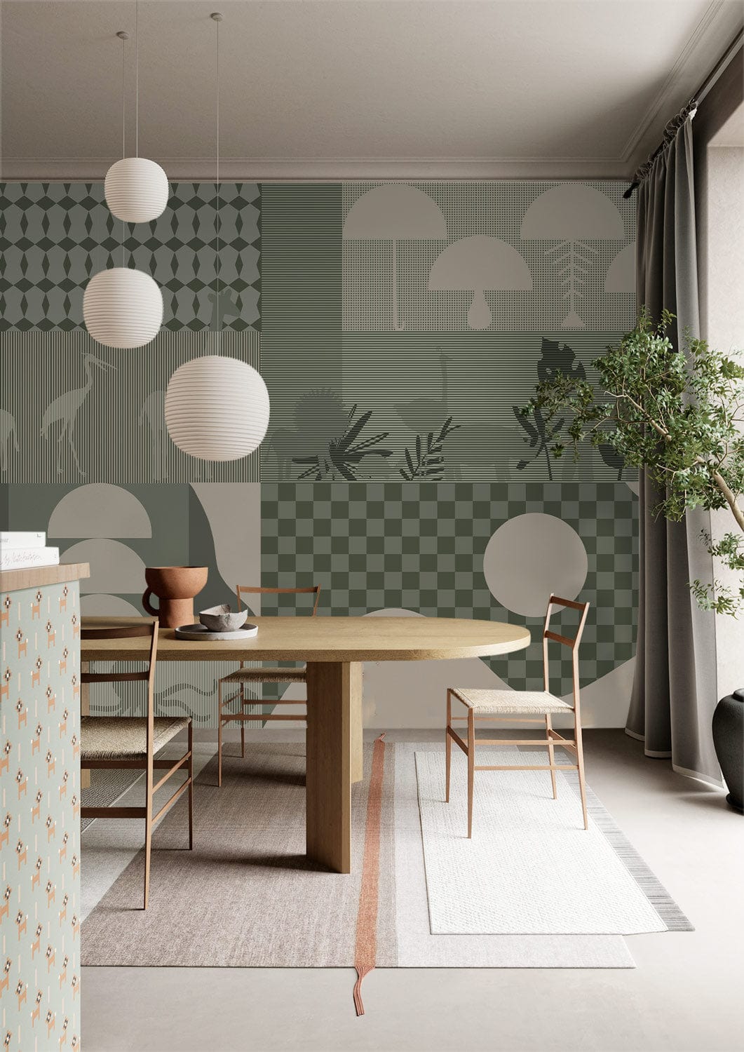 Photo d’une salle à manger moderne avec papier peint géométrique Bauhaus et table en bois clair