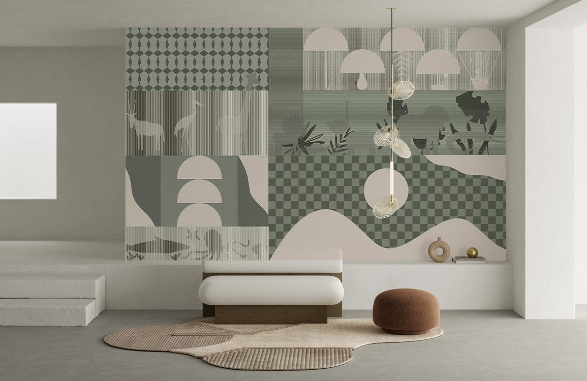 Papier peint moderne géométrique Bauhaus avec mosaïque artistique en vert et blanc