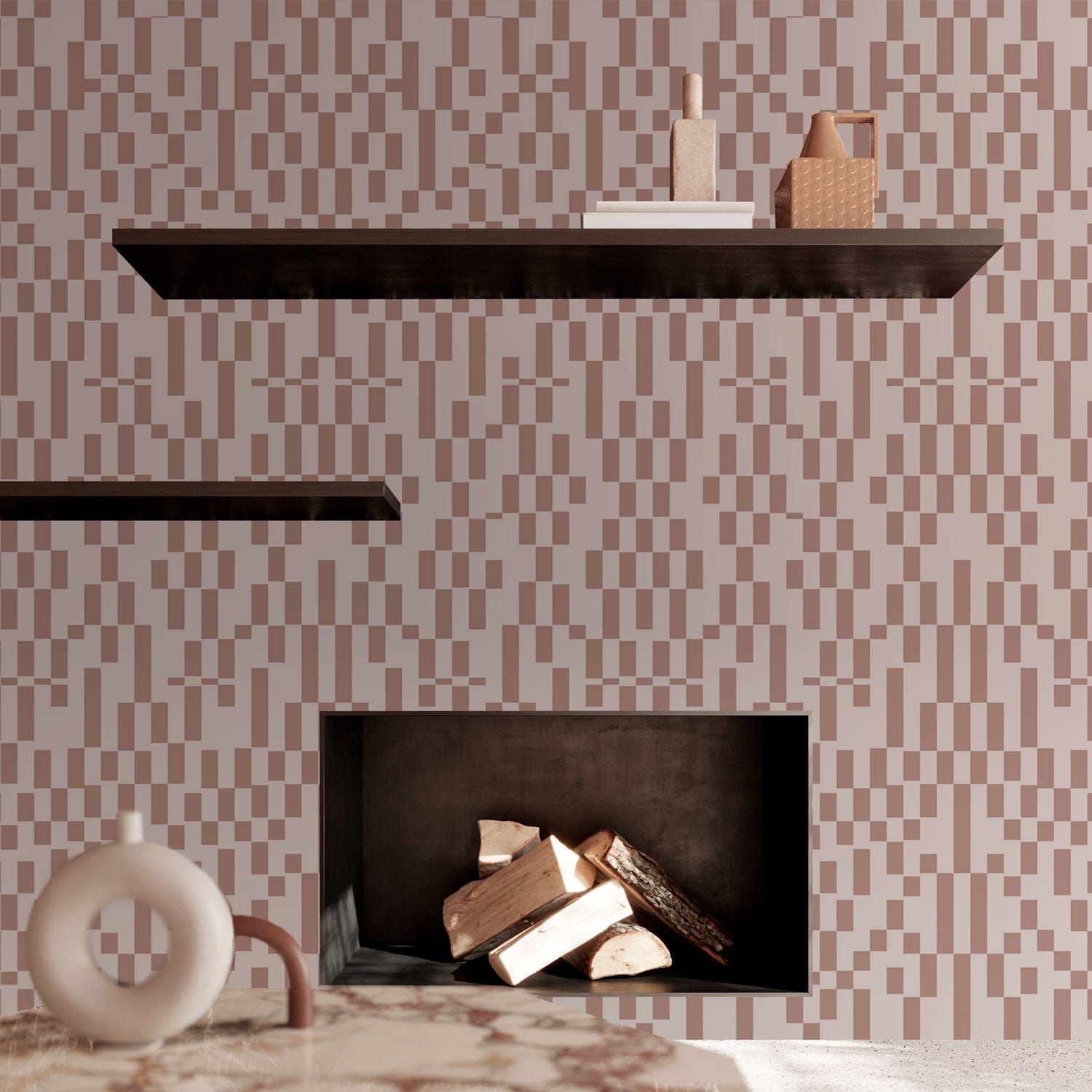 Papier peint moderne géométrique Bauhaus rose et blanc avec étagères et cheminée