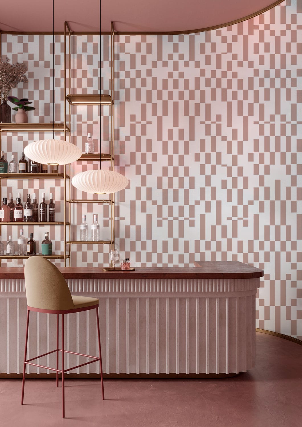 Papier peint moderne géométrique Bauhaus rose et blanc dans un bar élégant avec éclairage suspendu