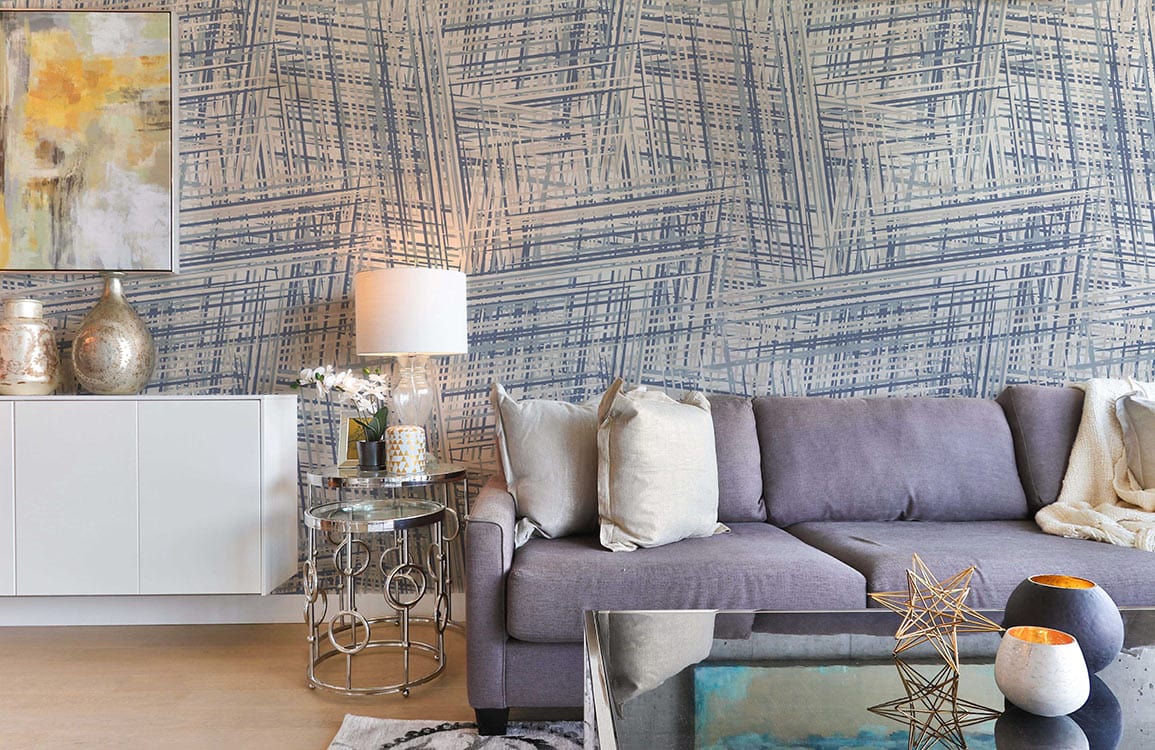 Sofa d’angle gris en tissu avec papier peint mural 3D texturé pour décoration intérieure
