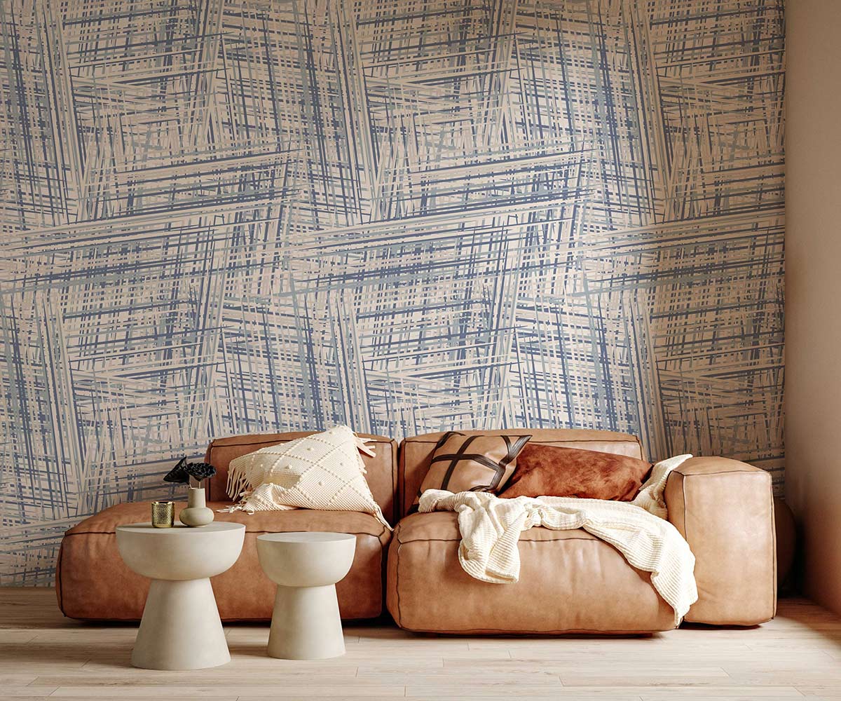 Sofa en cuir marron modulable avec coussins décoratifs, idéal pour un papier peint mural 3D texturé