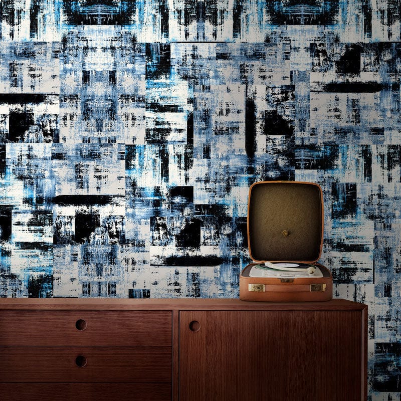 Papier peint mural abstrait bleu, noir et blanc avec motif à carreaux pour décoration intérieure