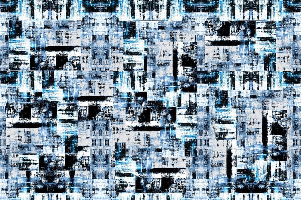 Papier peint mural à carreaux avec motif abstrait distressed en bleu, noir et blanc