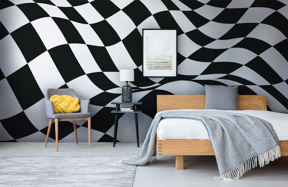 Papier peint mural damier ondulé dans une chambre avec motif à carreaux