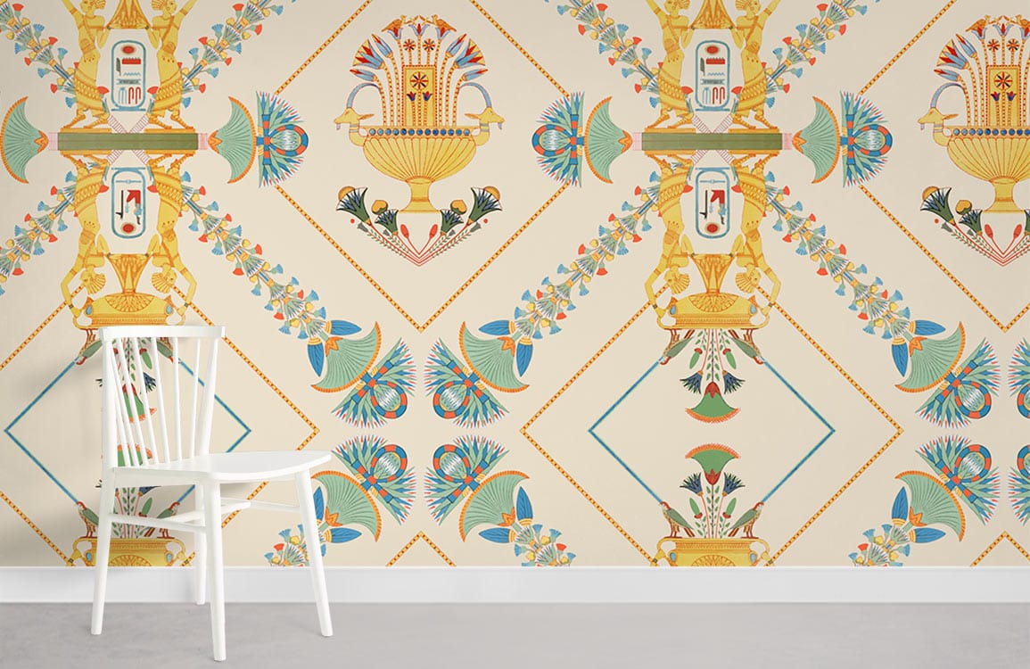 Papier peint mural égyptien avec motif chaud et chaise blanche au premier plan