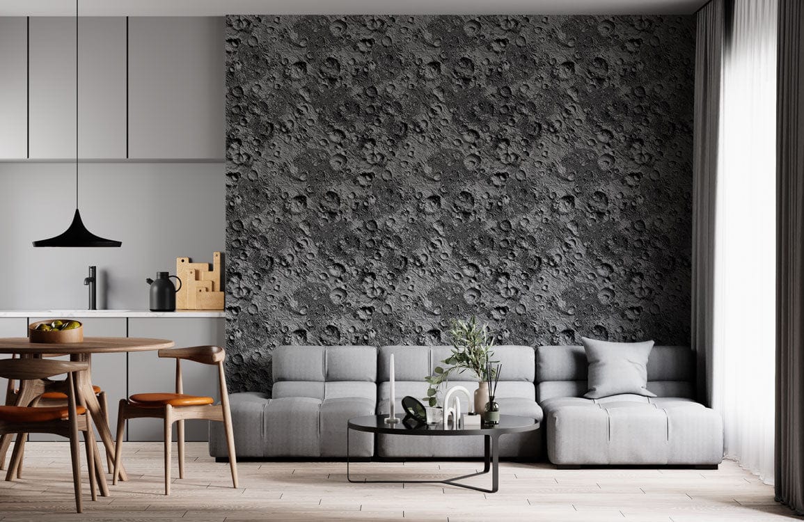 Papier peint mural moderne avec mur d’accent à motif cratère lunaire dans salon ouvert