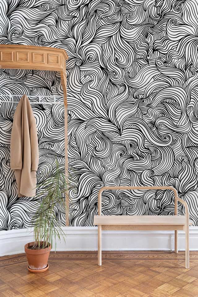 Papier peint mural à lignes torsadées en noir et blanc pour décoration intérieure élégante