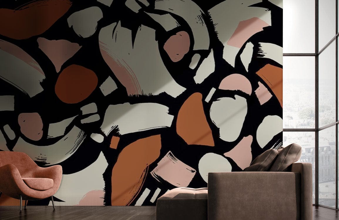 Papier peint mural à motif abstrait avec formes organiques en noir, rose, orange et beige
