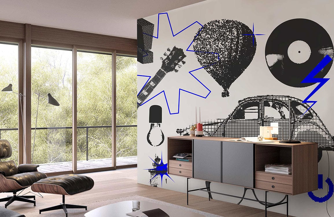 Photo d’un salon contemporain avec une peinture murale bleu Klein et un motif mural