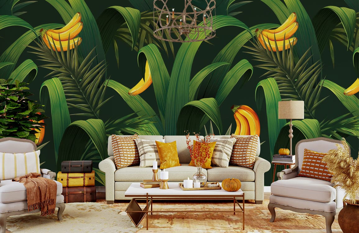 Papier peint mural à motif de bananes dans un salon tropical avec sièges confortables