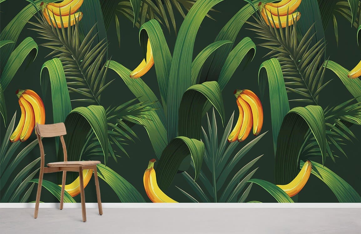 Alt texte pour papier peint mural avec motif de bananes et feuilles tropicales