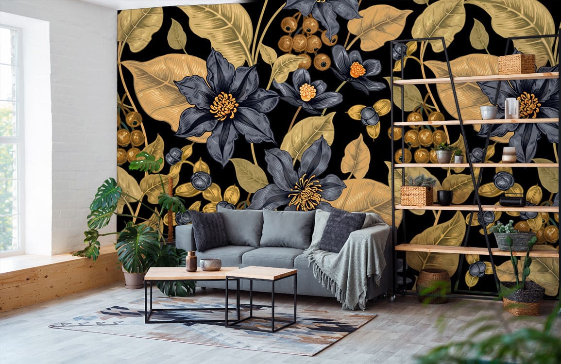 Papier peint mural à motif de fleurs Fruitage dans un salon moderne avec mur d’accent floral