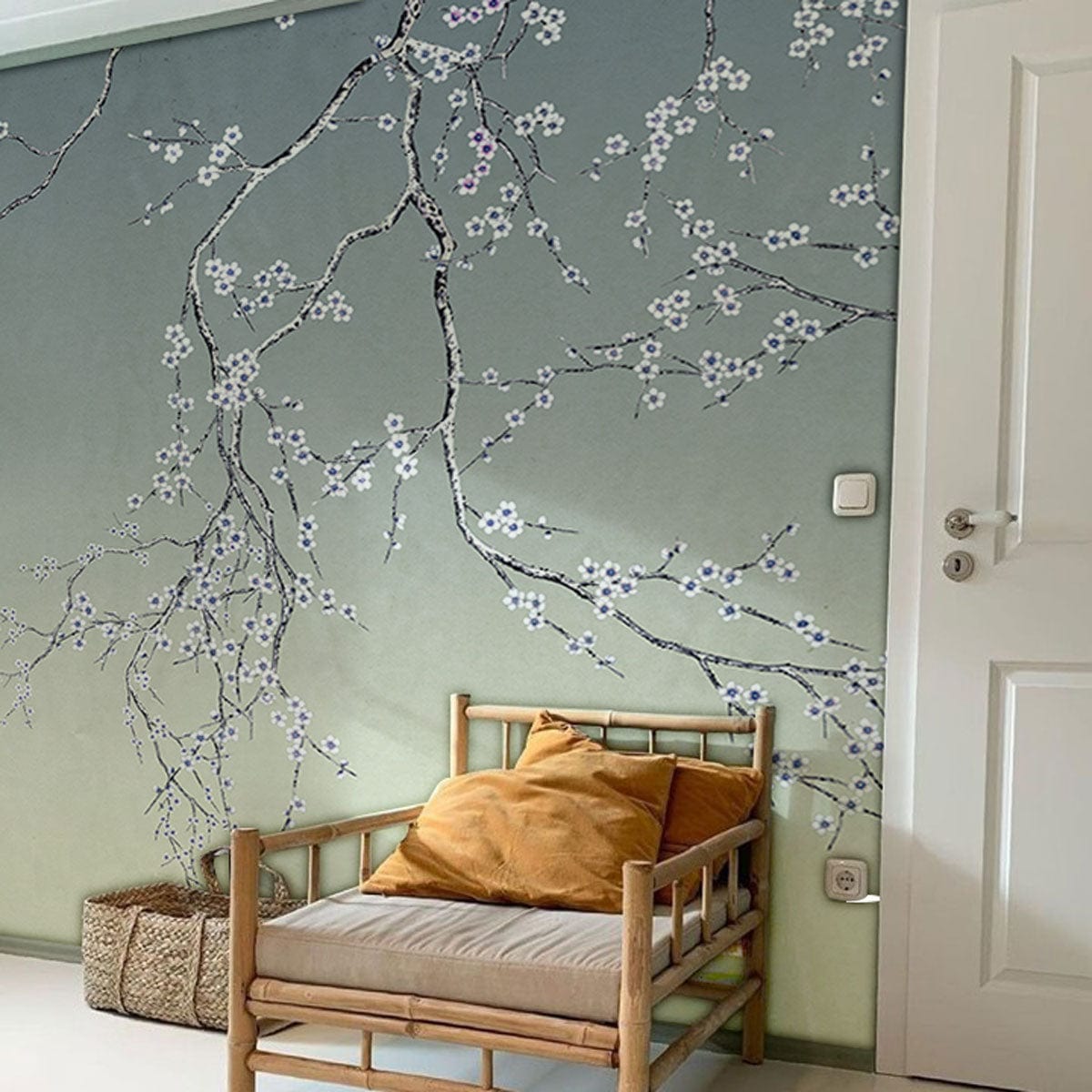Papier peint mural avec motif de fleurs de prunier sur fond vert dégradé