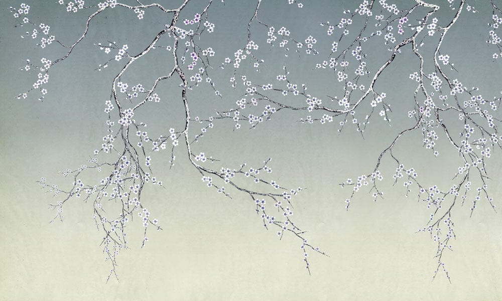 Papier peint mural avec branches fleuries de prunier et fleurs blanches délicates