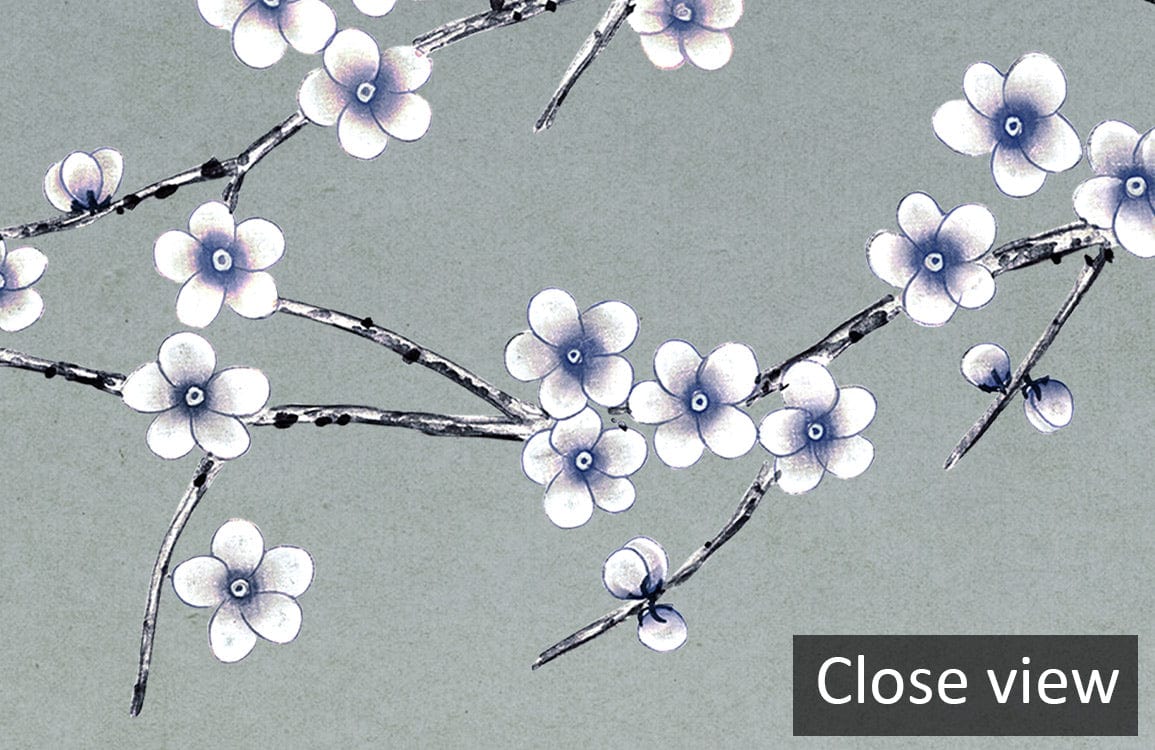 Papier peint mural floral avec branches de cerisier et fleurs blanches et bleues