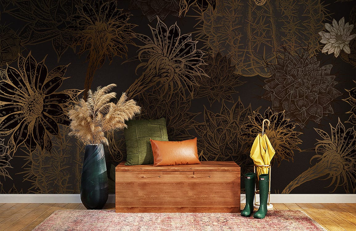 Papier peint mural à motif de fleurs vintage avec fond foncé et contours dorés