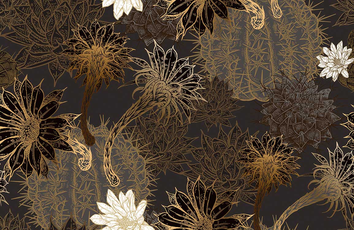 Papier peint mural fleurs vintage avec cactus dorés et sombres sur fond foncé