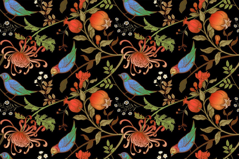 Papier peint mural à motif de grenade avec motifs botaniques et oiseaux sur fond noir