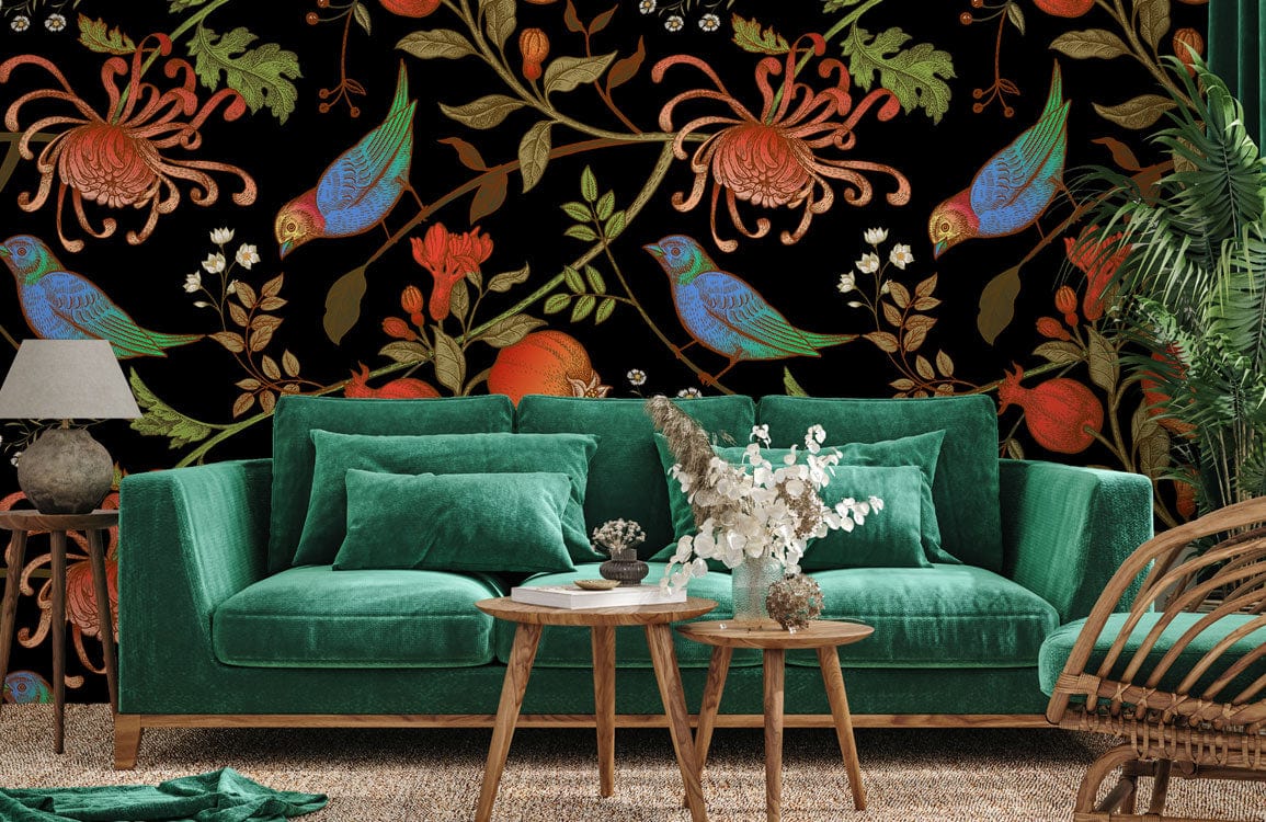 Sofa en velours vert émeraude avec coussins assortis, idéal pour un papier peint mural élégant