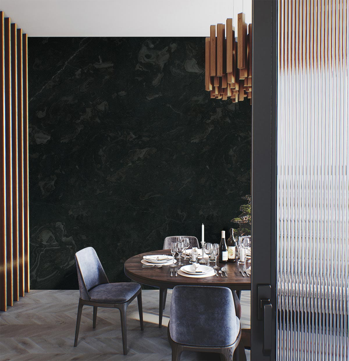 Décor mural unique avec minéraux légèrement craquelés dans une salle à manger élégante