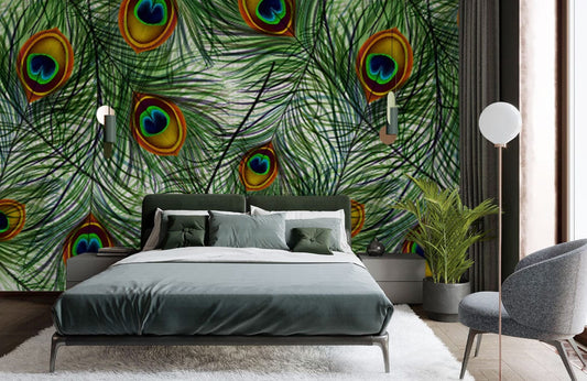 Papier peint mural à motif de plumes de paon pour un design unique dans la chambre