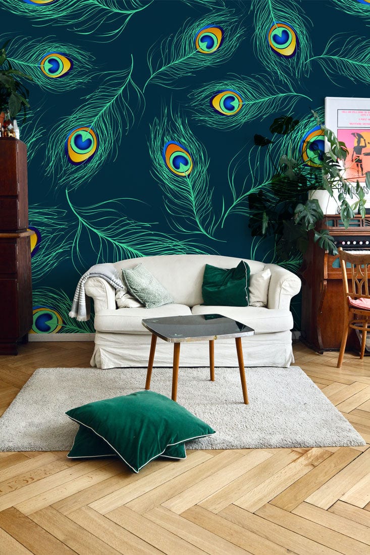 Papier Peint Mural à Motif de Plumes de Paon Fluorescentes - Le meilleur Papier peint panoramique Sur mesure