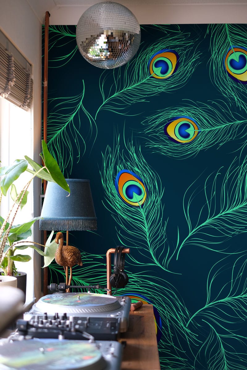 Papier Peint Mural à Motif de Plumes de Paon Fluorescentes - Le meilleur Papier peint panoramique Sur mesure