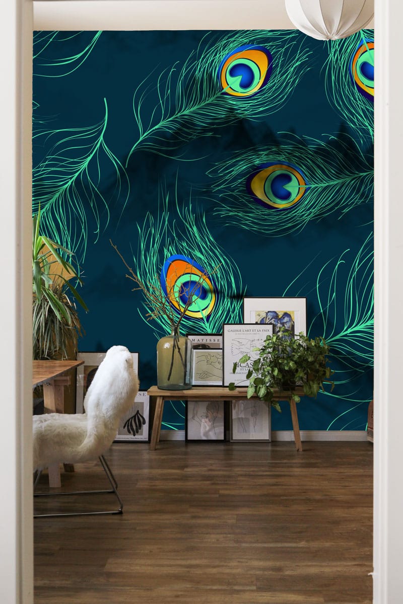 Papier Peint Mural à Motif de Plumes de Paon Fluorescentes - Le meilleur Papier peint panoramique Sur mesure